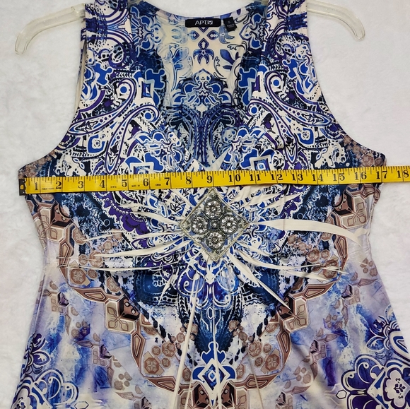 Apt. 9 Blue Cream Tan Design Beaded Detail Sleeveless Stretch Tunic Blouse Sz S - Picture 4 of 9